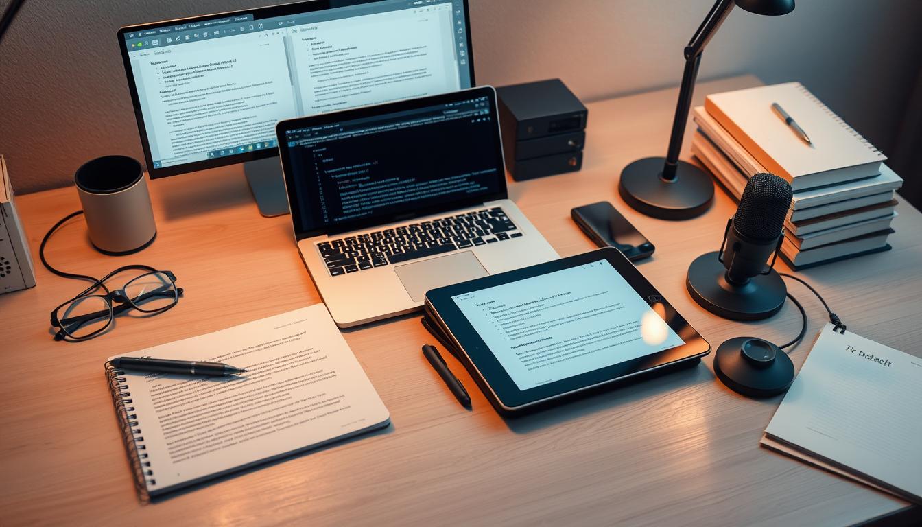 A neatly organized desk with various AI writing tools laid out, including a laptop displaying a text editor, a digital pen and tablet for handwriting input, a microphone for voice-to-text, and a stack of notebooks. Soft, warm lighting illuminates the scene, creating a focused and productive atmosphere. The image conveys a sense of effortless collaboration between human and artificial intelligence, empowering content creators to elevate their work.