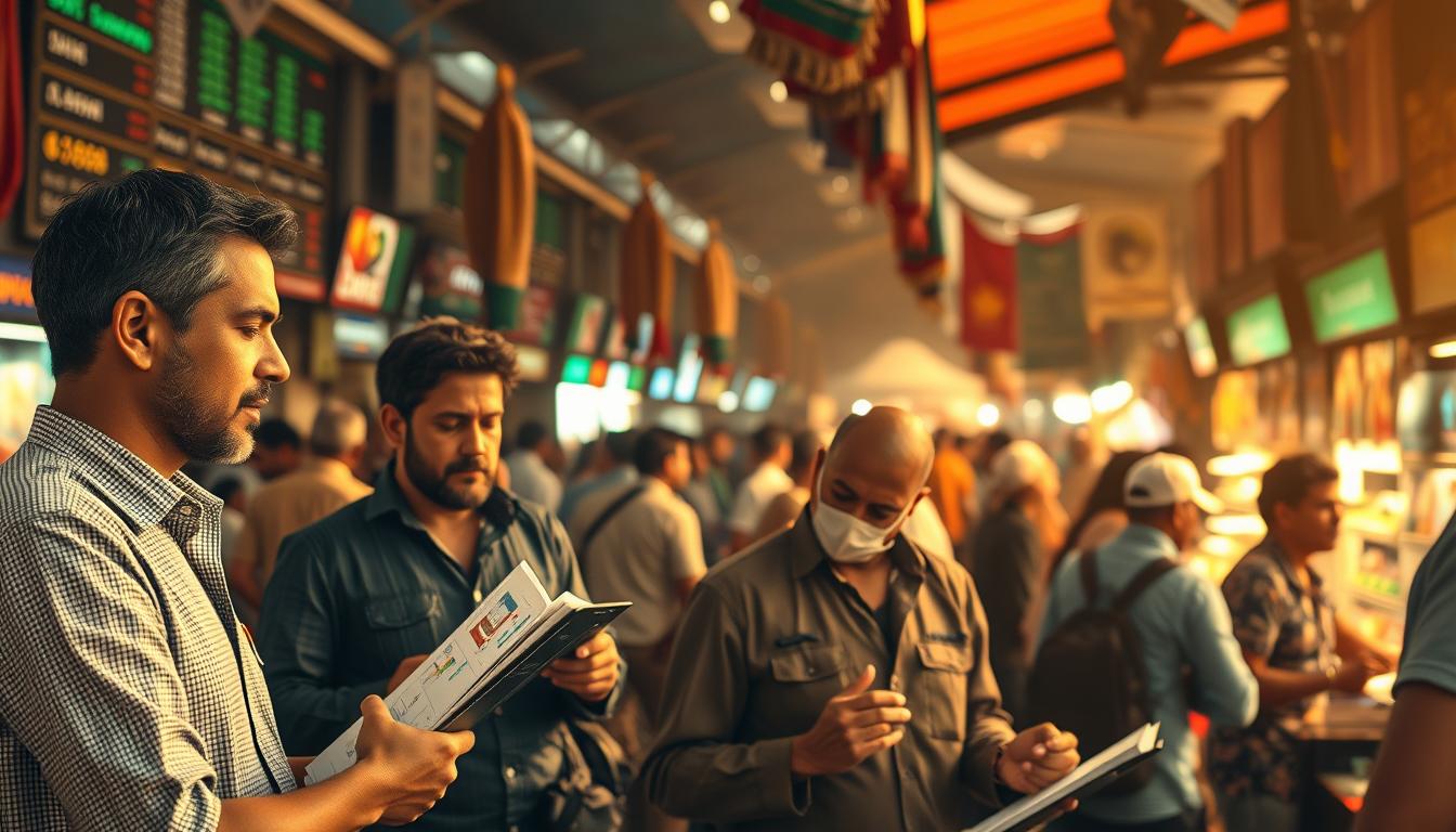 A bustling open-air marketplace, the air charged with the energy of traders and buyers. In the foreground, a group of investors scrutinizing stock charts and financial data, their expressions a mix of concentration and cautious optimism. In the middle ground, vendors hawk their wares, their cries mingling with the chatter of the crowd. The background is a tapestry of vibrant colors and patterns, reflecting the diverse array of goods on offer. Warm, diffused lighting casts a golden glow, creating a sense of dynamic movement and anticipation. The scene conveys the ebb and flow of market sentiment, where technical analysis and fundamental data converge to shape the decisions of those seeking to navigate the complexities of financial markets.