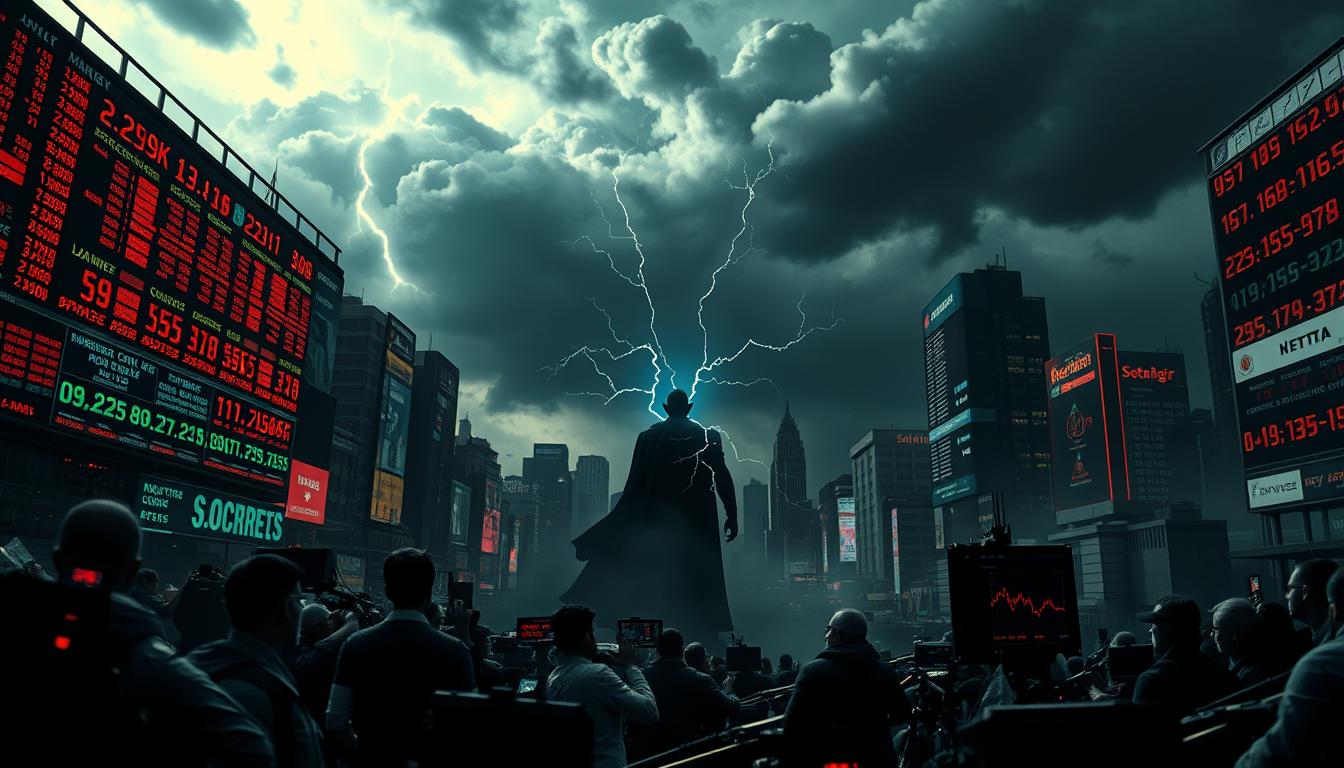 A high-contrast, cinematic scene depicting the volatile relationship between the stock markets of India and the United States. In the foreground, a chaotic jumble of stock tickers and price charts, reflecting the rapid fluctuations and uncertainty. The middle ground features a tense standoff between two imposing, shadowy figures representing the economic superpowers, with lightning bolts of energy crackling between them. The background is a moody, atmospheric cityscape, with storm clouds gathering ominously overhead, hinting at the looming economic turmoil. The lighting is dramatic, with harsh highlights and deep shadows, creating a sense of tension and drama. The overall mood is one of unease and volatility, capturing the essence of the "Market Reactions and Economic Forecasts" section.