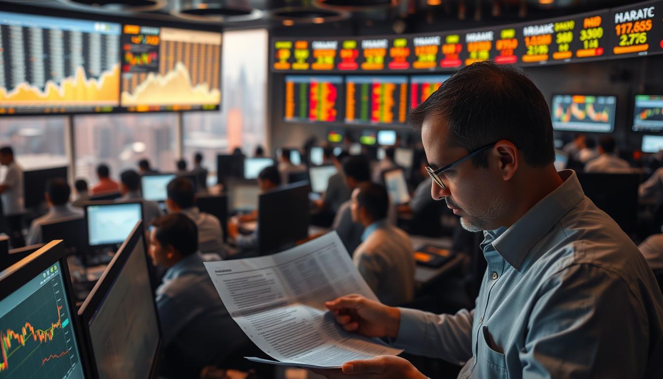 A bustling trading floor in Mumbai, India, filled with financial analysts and traders, their faces illuminated by the glow of digital screens. In the foreground, a trader scrutinizes a spreadsheet, carefully calculating capital and margin requirements for their swing trading strategy. In the middle ground, stock tickers and charts project onto the walls, casting a warm, data-driven ambiance. The background is a panoramic view of the city skyline, hinting at the scale and significance of the financial decisions being made. Soft, directional lighting accentuates the intensity and focus of the scene, while a subtle depth of field blurs the peripheral details, drawing the viewer's attention to the critical task at hand.