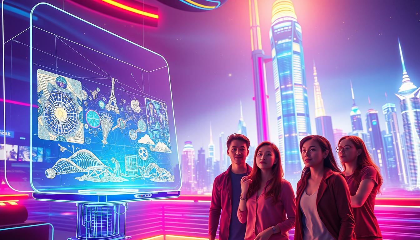 A vibrant, futuristic scene showcasing the power of MidJourney's AI-driven image generation. In the foreground, a sleek, holographic interface hovers, displaying intricate, digital artworks. The middle ground features a team of creatives, their expressions awestruck as they manipulate the interface, bringing their imaginative ideas to life. In the background, a towering, neon-lit cityscape stretches out, hinting at the boundless creative possibilities unlocked by this advanced technology. Warm, dynamic lighting illuminates the scene, conveying a sense of wonder and innovation. The overall atmosphere is one of boundless creativity, seamlessly merging human imagination with the cutting-edge capabilities of MidJourney's AI.