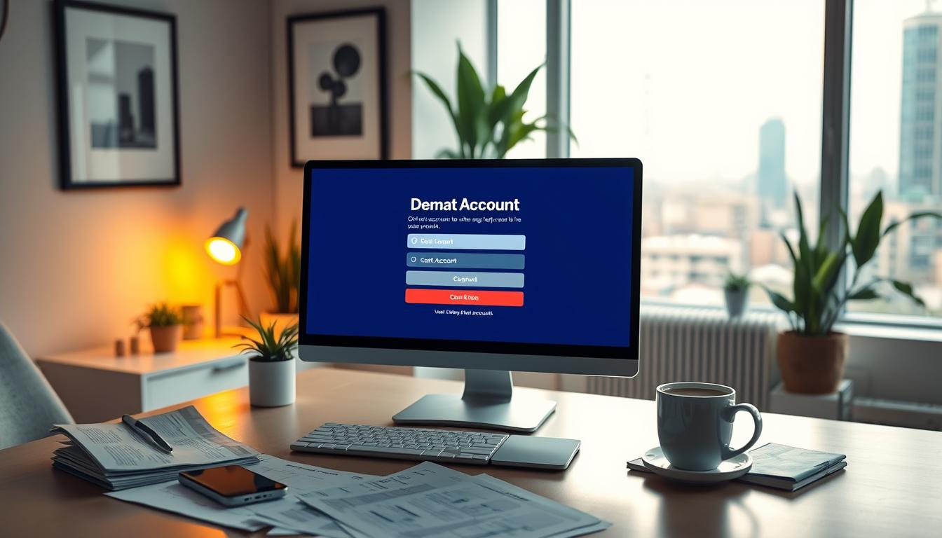 A serene office scene with a young professional opening a Demat account on a modern desktop computer. Soft, warm lighting illuminates the workspace, casting a cozy glow. In the foreground, financial documents, a smartphone, and a cup of coffee create a sense of focused productivity. The middle ground features the computer screen displaying the Demat account opening process, with clean, intuitive UI design. The background showcases a minimalist office interior with potted plants, framed artwork, and a large window overlooking a bustling city skyline. The overall atmosphere conveys a sense of efficiency, diligence, and the promise of financial empowerment.