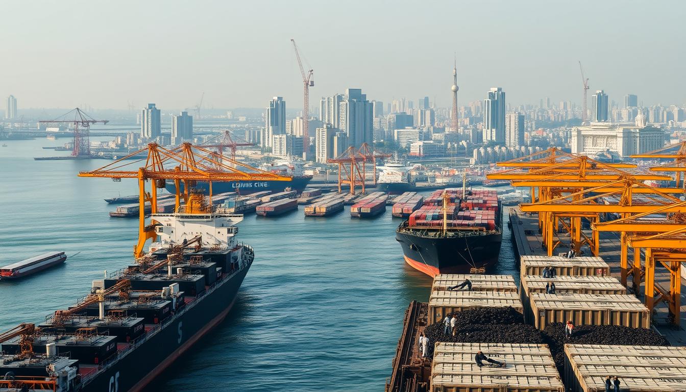 A bustling port city in India, ships docking with Russian oil tankers. In the foreground, cargo containers are being unloaded, workers in protective gear carefully handling the precious black gold. The middle ground shows towering cranes and freight trains, the efficient machinery of trade. In the background, a panoramic view of the city skyline, a mix of modern high-rises and historic architecture, symbolizing the melding of old and new in this vital economic partnership. Warm, golden sunlight bathes the scene, conveying a sense of prosperity and growth. The entire composition captures the essence of the India-Russia oil trade, the heart of this geopolitical and economic controversy.