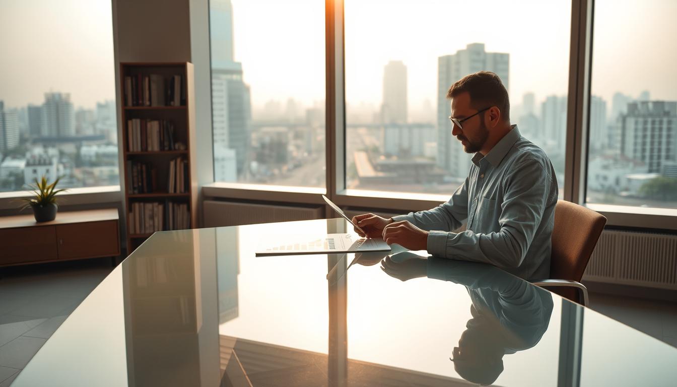 A serene, minimalist office interior with large windows overlooking a bustling Indian cityscape. Warm, natural lighting casts a soft glow on a sleek, glass-topped desk where a financial analyst reviews risk management charts and data on a tablet. In the background, a bookshelf holds volumes on investment strategy and corporate governance. The mood is contemplative, with a focus on diligence and prudent decision-making. A subtle, muted color palette evokes the rigorous, thoughtful nature of risk management practices adopted by India's top investors.