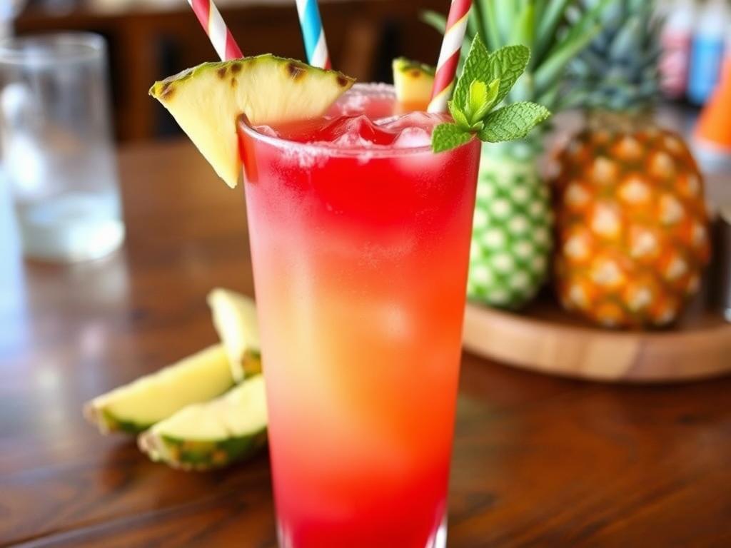 Virgin Bay Breeze mocktail with coconut water and tropical garnishes