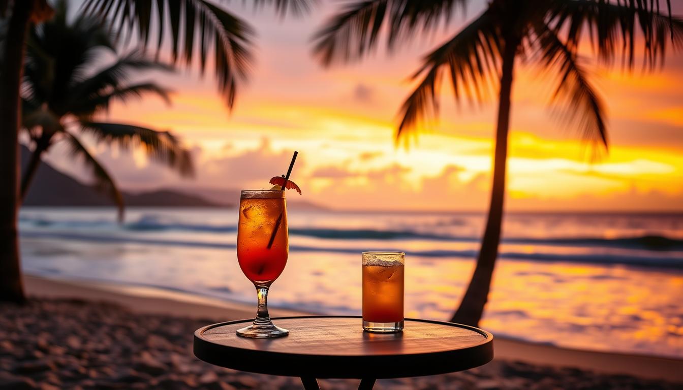 Sunset beach scene with Malibu Bay Breeze cocktails