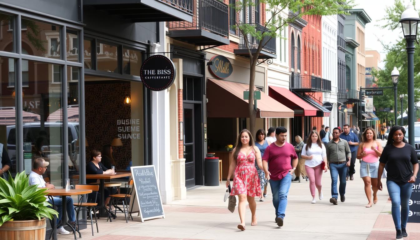 12 South neighborhood in zip code 37204 showing trendy shops and restaurants with people walking