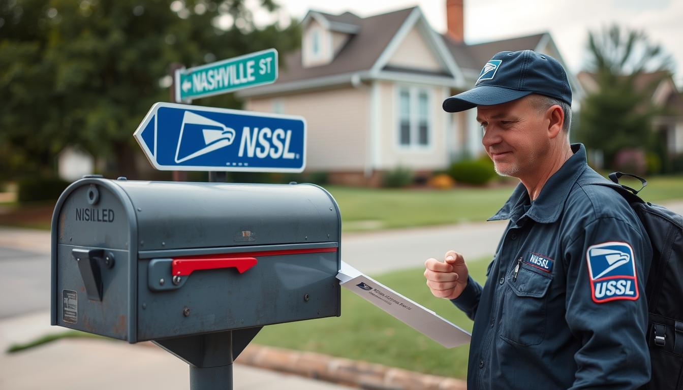 USPS mail carrier delivering mail in Nashville neighborhood with zip code signage visible