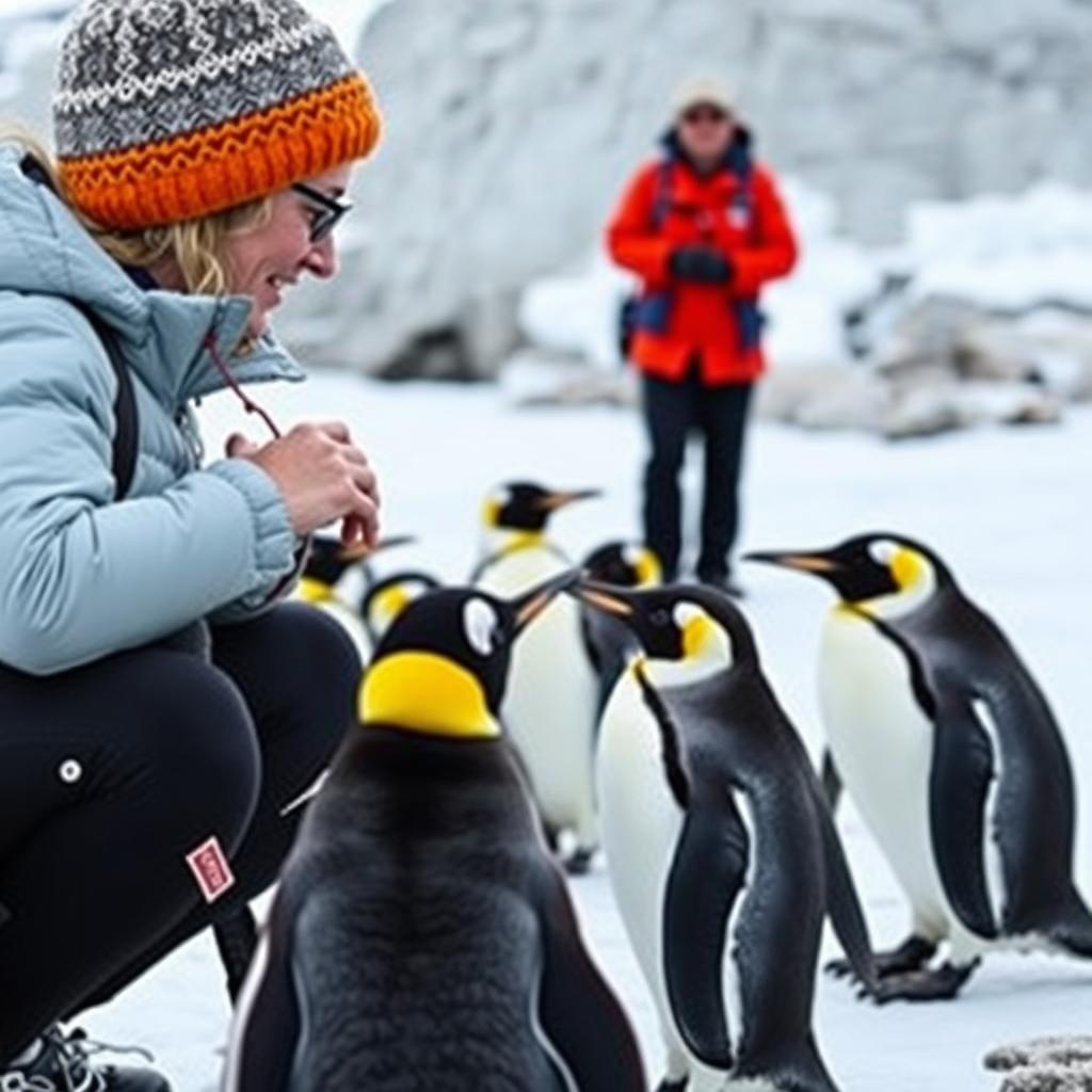 Tourist maintaining proper distance from penguins in Antarctica