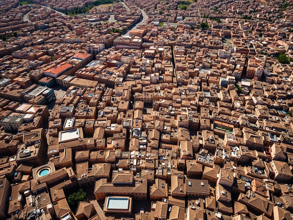 Aerial view of the ancient Fes medina with its dense buildings and narrow streets