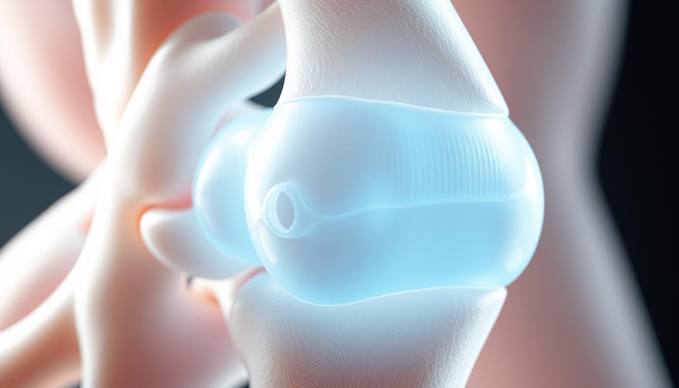 A close-up view of a human joint, with the cartilage and connective tissue highlighted. The image should depict the intricate structure of collagen fibers, showcasing their role in supporting joint mobility and flexibility. Illuminate the scene with soft, natural lighting to emphasize the translucent and delicate nature of the collagen. Capture the joint from an angle that allows the viewer to appreciate the dynamic interplay between the various components, such as the synovial fluid, tendons, and ligaments. Convey a sense of harmony and fluidity, reflecting the symbiotic relationship between collagen and overall joint health.