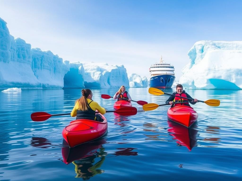 Travelers kayaking among icebergs in Antarctica