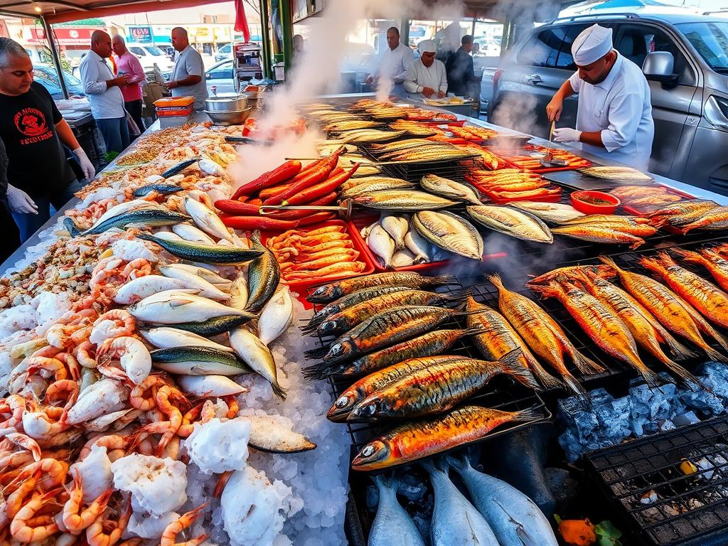 Fresh seafood being prepared at Essaouira's port food stalls