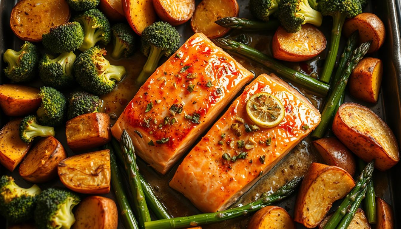 Elegant one-pan dinner scene: A baking tray filled with succulent roasted salmon fillets, surrounded by an array of vibrant vegetables - crisp broccoli florets, tender asparagus spears, and golden-roasted potato wedges. The fish glistens with a mouthwatering garlic-lemon glaze, its aroma filling the air. Warm, soft lighting casts a cozy, inviting glow, highlighting the natural textures and colors. The composition is balanced, with the salmon as the focal point, complemented by the harmonious arrangement of the side dishes. The overall mood is one of simple, wholesome deliciousness, capturing the essence of a satisfying, effortless one-pan meal.