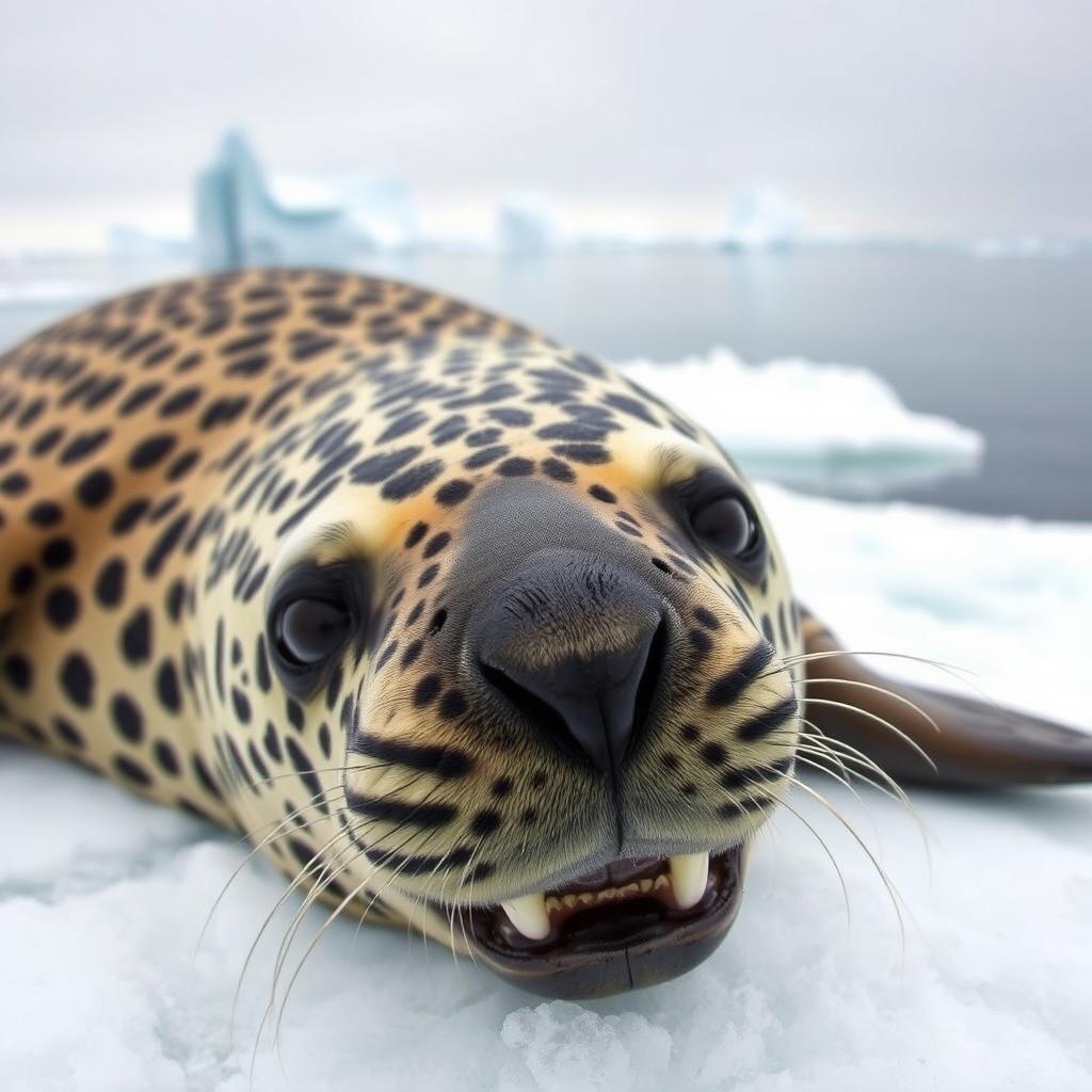 Leopard seal resting on ice floe in Antarctica