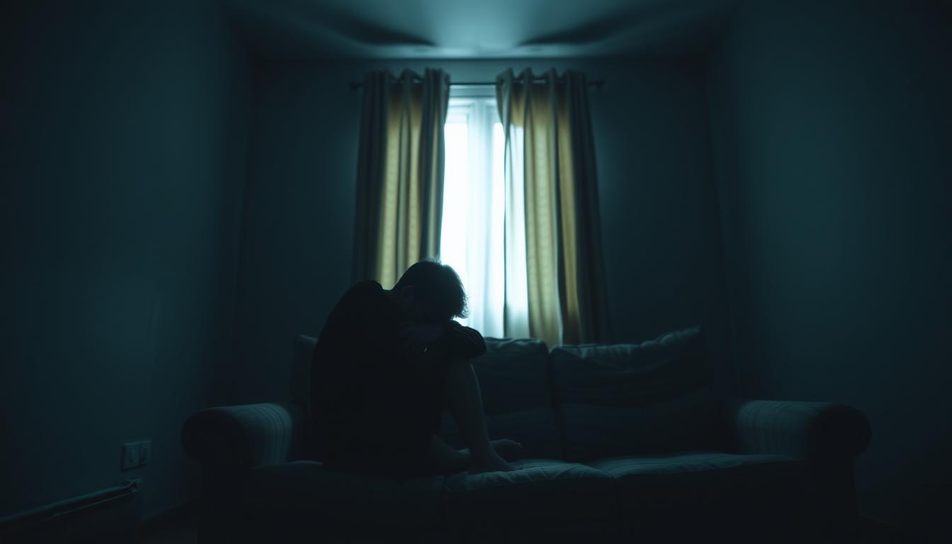 A dimly lit room, the walls a muted shade of gray, casting a somber ambiance. In the foreground, a figure sits hunched on a worn, tattered couch, their head buried in their hands, expression hidden from view. The middle ground features a window, the curtains drawn, allowing only slivers of natural light to peek through, symbolizing the glimmer of hope amidst the darkness. The background is blurred, creating a sense of isolation and introspection. The lighting is soft and moody, with shadows casting a sense of weight and heaviness upon the scene. The overall atmosphere conveys a palpable feeling of mental anguish, a struggle to find purpose and connection in the face of overwhelming despair.