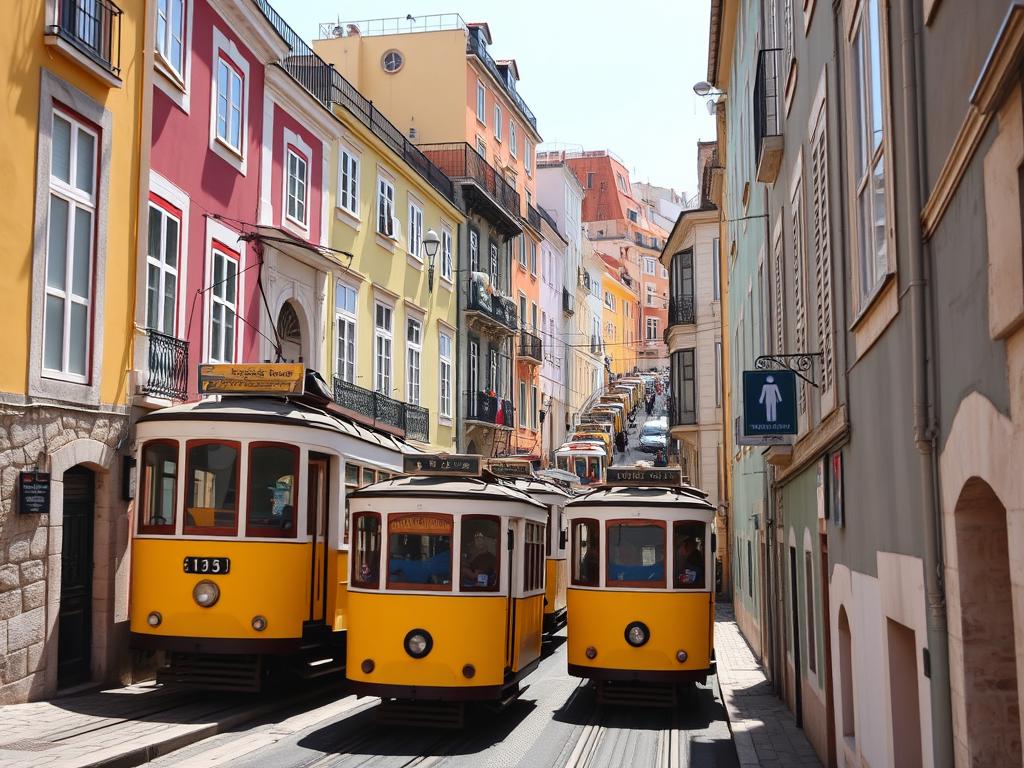 Colorful buildings and traditional trams in Lisbon, Portugal