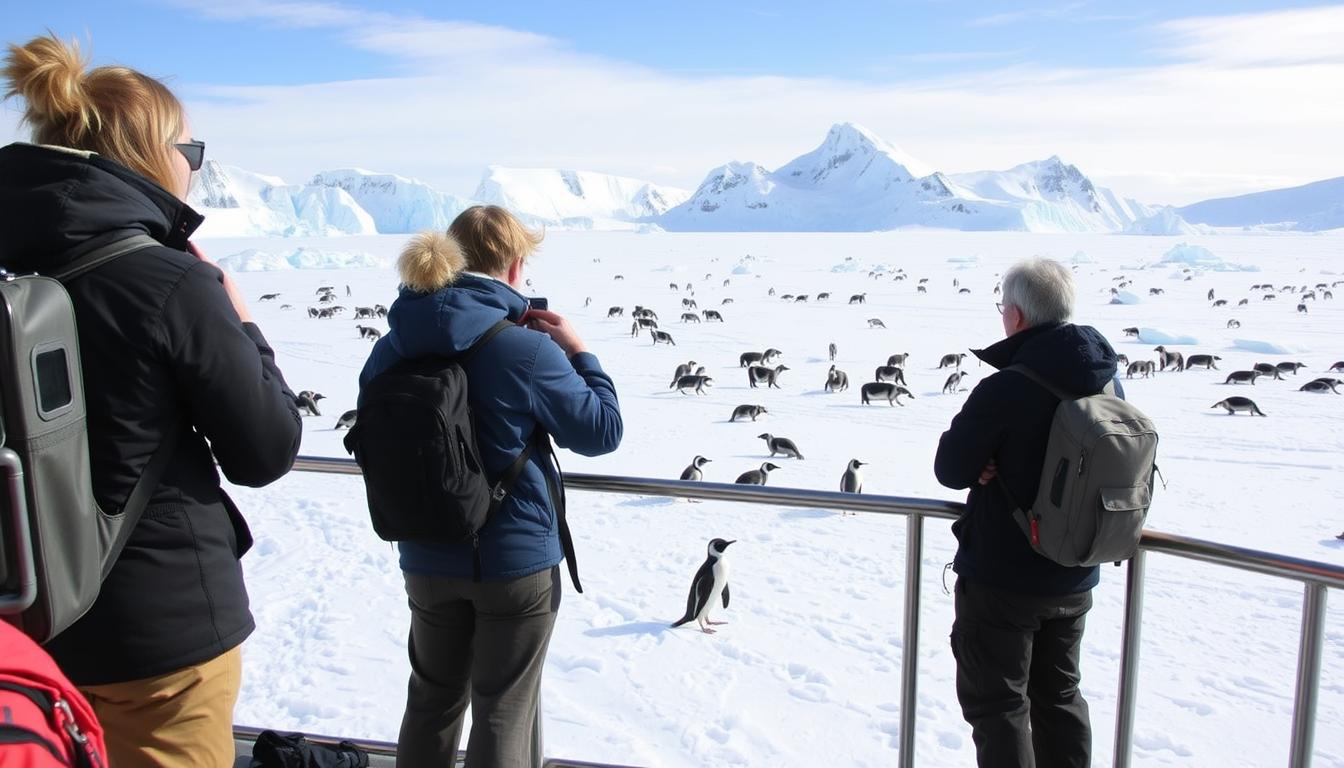Responsible tourists maintaining distance from wildlife in Antarctica