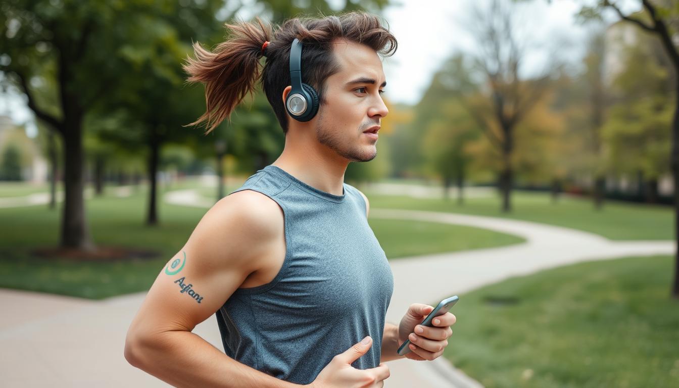 Person listening to self improvement audio books while exercising outdoors