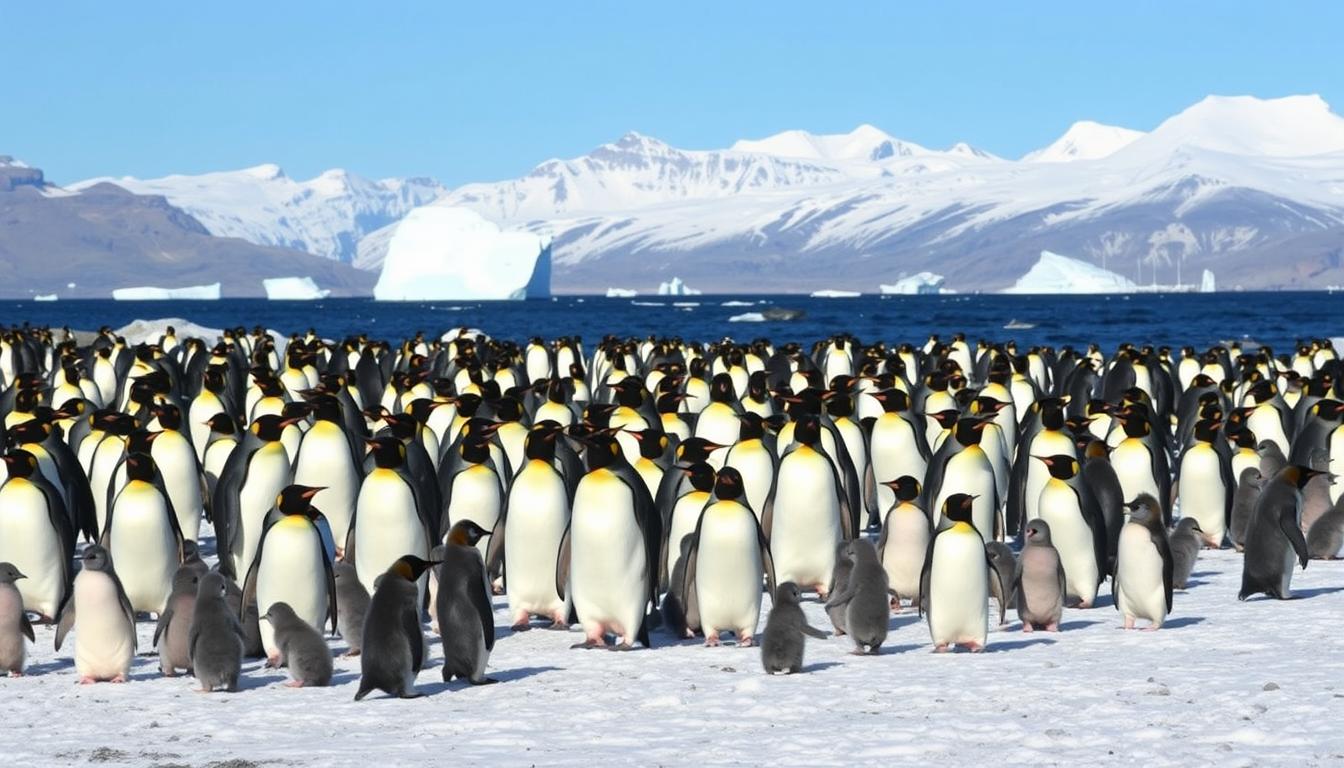 Colony of penguins on an Antarctic shoreline with icebergs in background