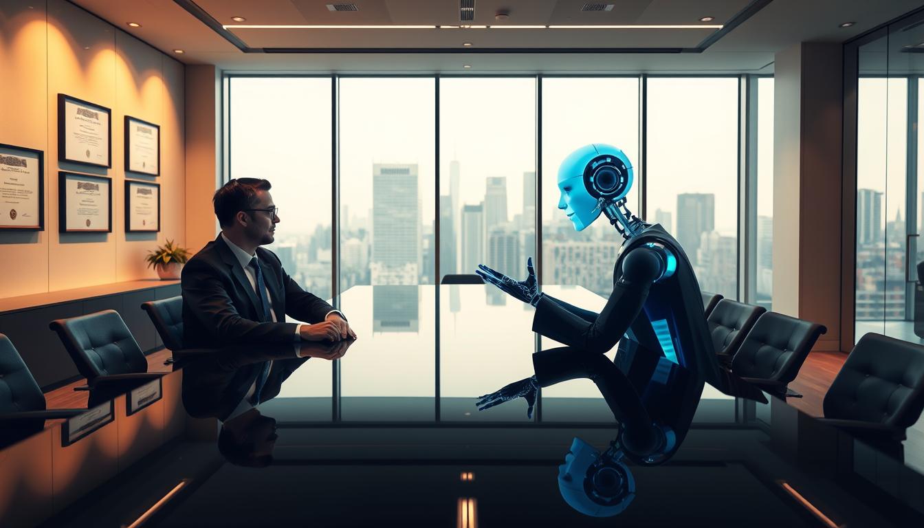 A modern law office interior with AI assistant