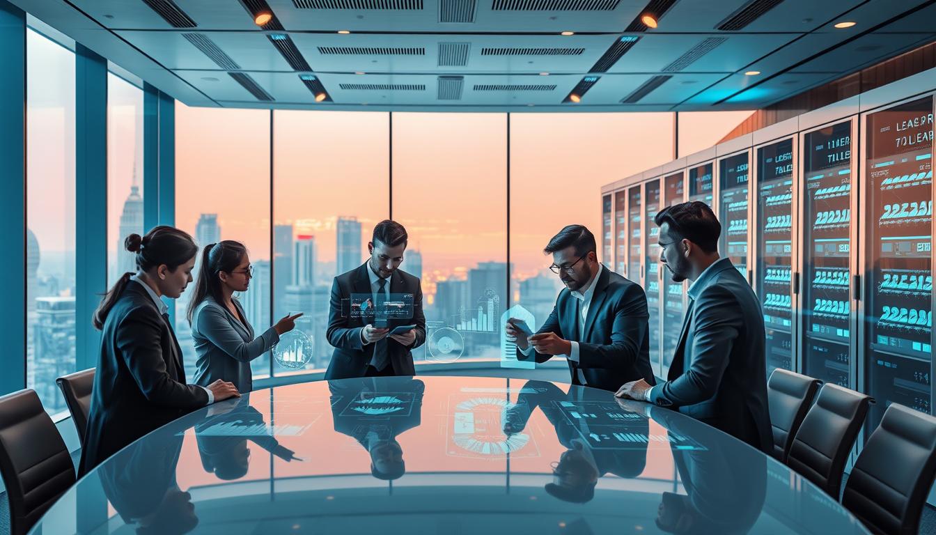 Futuristic office with next generation AI legal tools