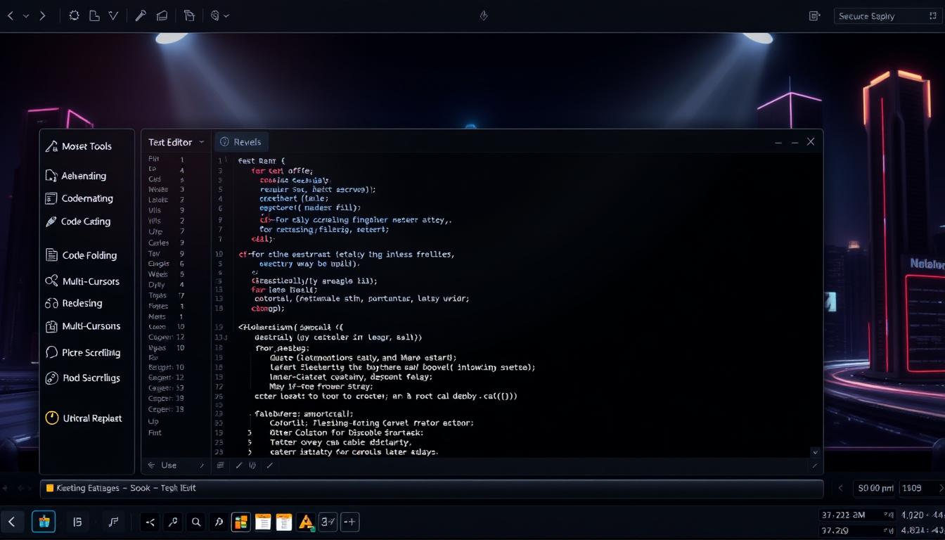 A sophisticated, sleek, and modern text editor interface with a dark graphite color scheme. The foreground features an array of advanced coding tools and customization options, including code highlighting, code folding, multi-cursors, and a robust find-and-replace function. The middle ground showcases a clean, minimalist code editor pane with smooth scrolling and intuitive keyboard shortcuts. The background depicts a dimly lit, futuristic cityscape with towering skyscrapers and glowing neon accents, creating a professional, tech-savvy atmosphere. Lighting is dramatic, with focused beams illuminating the key features of the text editor. The overall composition conveys the power, flexibility, and productivity of a high-end, professional-grade text editor for experienced developers and coders.