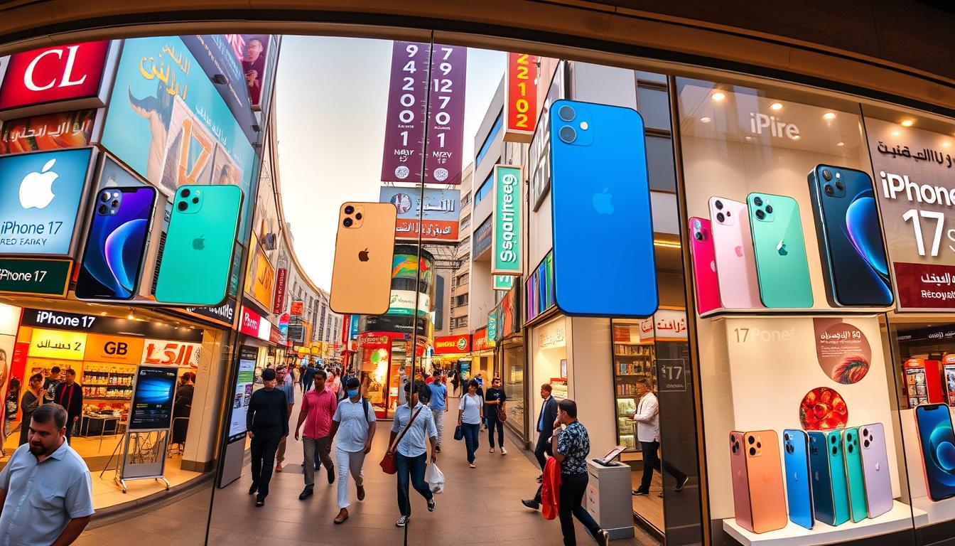 A high-resolution panoramic image showcasing the latest iPhone 17 models prominently displayed in the storefront windows of various electronics shops across the Arab world. The scene depicts a vibrant commercial district with bustling pedestrian traffic, colorful signage, and a mix of modern and traditional architectural styles. The phones are showcased in an array of eye-catching colors, with their sleek designs and advanced features highlighted under warm, inviting lighting. The overall atmosphere conveys a sense of technological progress and consumer excitement, reflecting the anticipated launch of the new iPhone 17 in the regional markets.