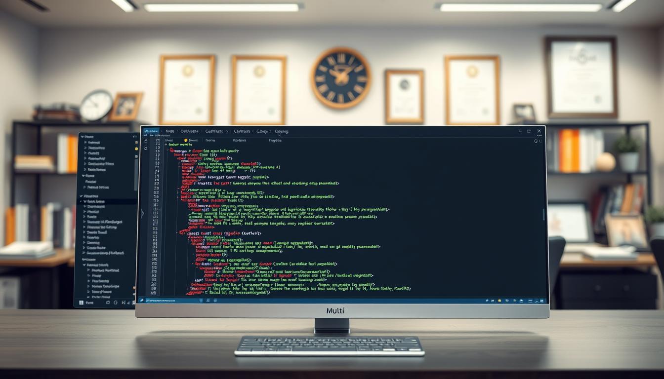 A sleek and modern software development workstation featuring a multi-language code editor in the foreground. The editor interface is minimalist and clean, with syntax highlighting and smart code completion. In the middle ground, a window displays a complex nested codebase with various programming languages like Python, JavaScript, and SQL. The background is a blurred view of a productive office environment, with shelves of technical books and framed certificates on the walls, conveying a sense of professionalism and expertise. The lighting is soft and even, creating a focused and productive atmosphere. The overall scene exudes a sense of efficiency, organization, and the ability to handle complex programming tasks with ease.