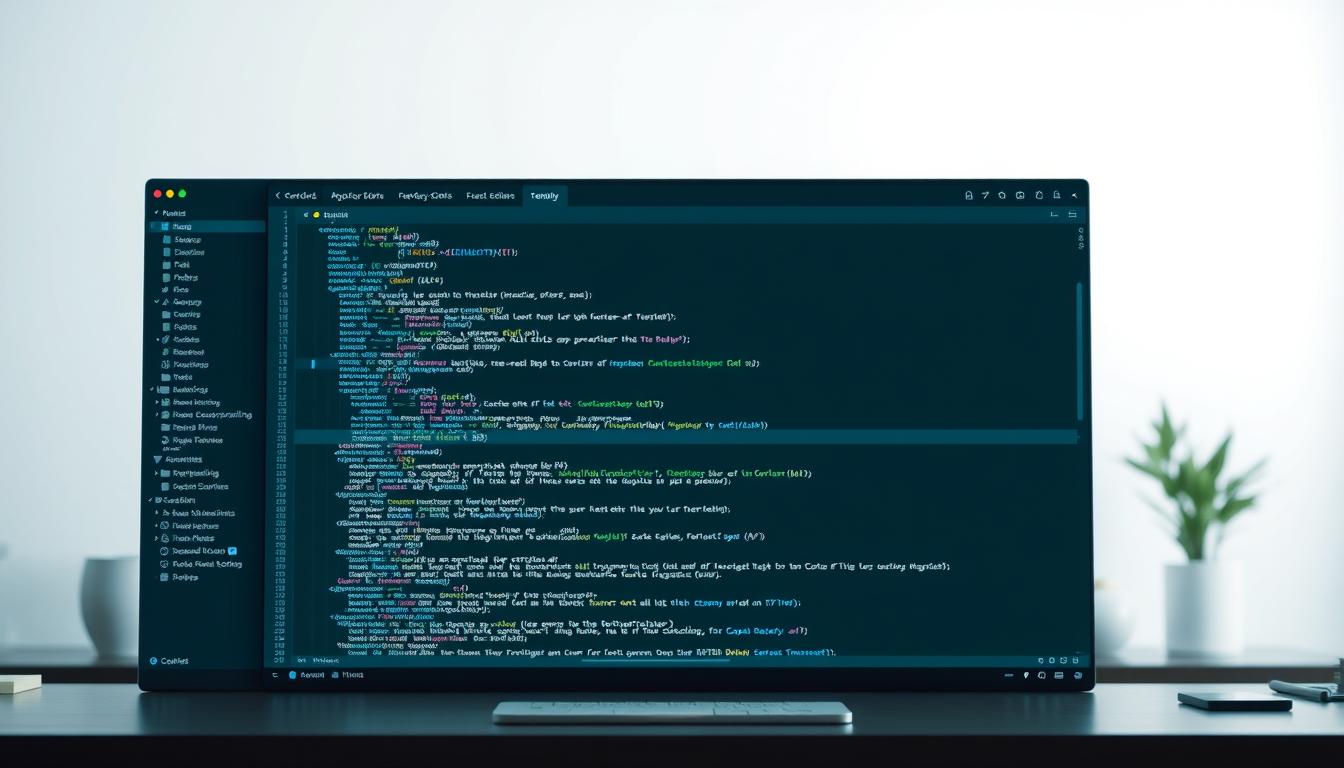 A well-lit, high-resolution image of a modern, minimalist code editor interface, showcasing a clean and intuitive user experience. The foreground features a large, centered window displaying lines of code in a cool-toned syntax highlighting scheme, conveying a sense of productivity and focus. The middle ground includes a sidebar with neatly organized file and folder structures, as well as a toolbar with various customizable settings and tools. The background depicts a serene, blurred workspace environment, creating a calming and professional atmosphere. The overall scene communicates the power and versatility of a top-tier programming text editor, suitable for both beginners and experienced developers.