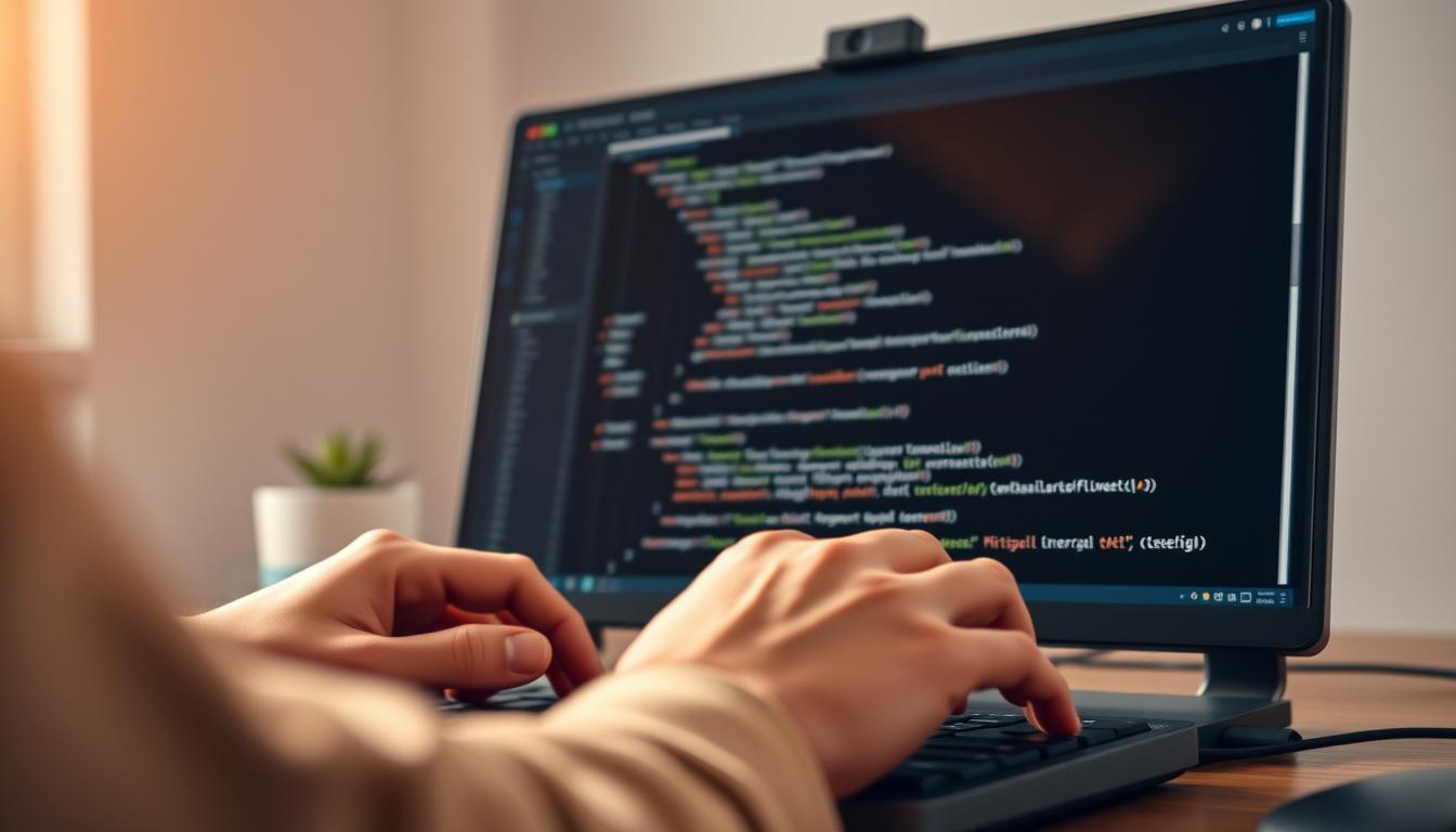 A clean, well-lit workspace with a sleek, modern text editor interface prominently displayed. The editor features a dark, minimalist color scheme with subtle highlights, conveying a sense of focus and efficiency. In the foreground, a developer's hands type code on a keyboard, the screen reflecting in their glasses. The background is softly blurred, highlighting the editor as the central focus. Warm, directional lighting casts a gentle glow, creating depth and a professional, productive atmosphere. The overall composition emphasizes the importance of a powerful, intuitive text editor in the life of a software developer.