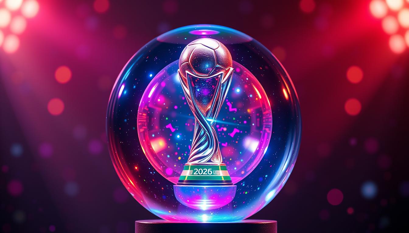 Generate an image of a crystal ball showing the 2026 World Cup trophy