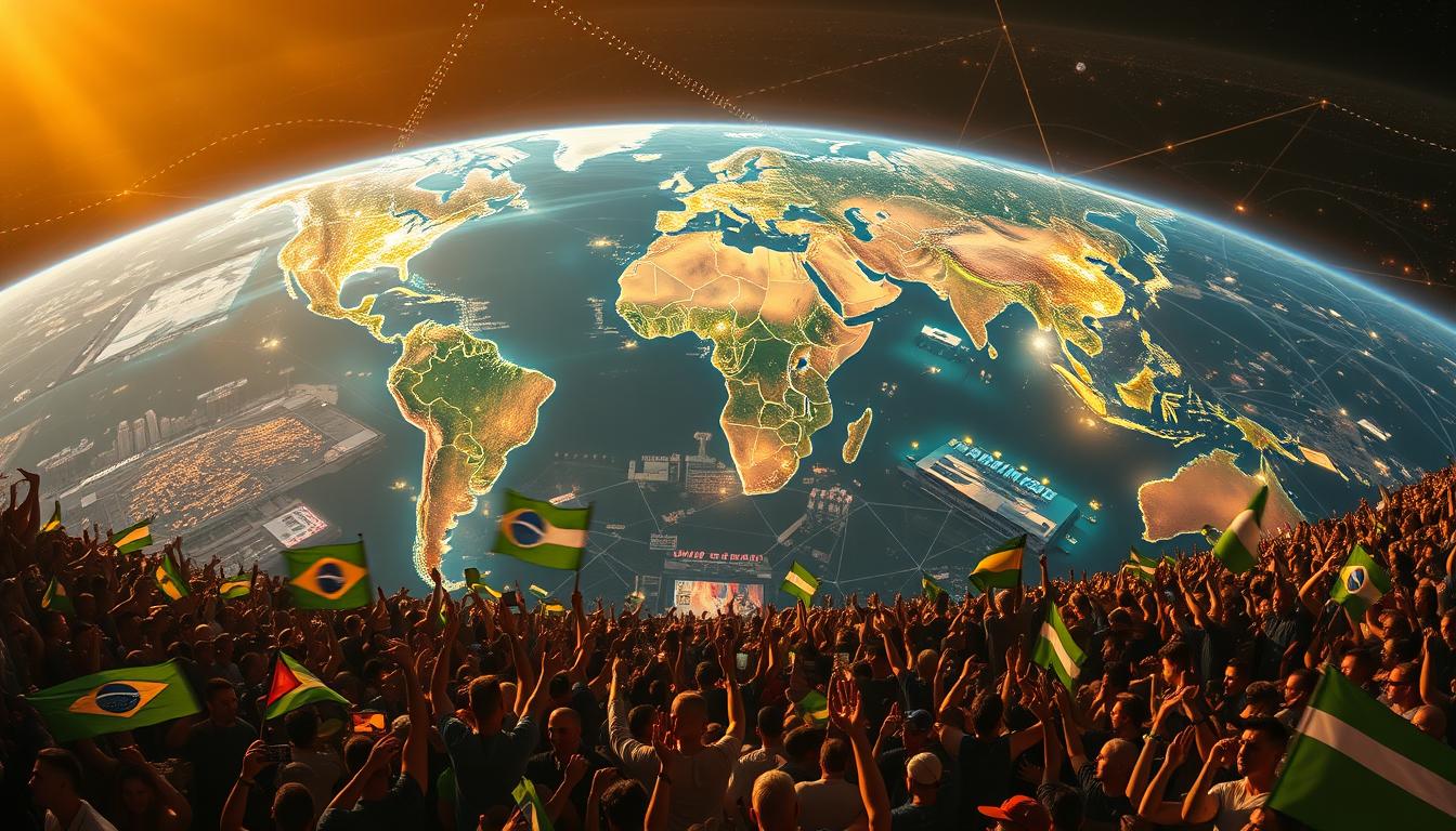 A breathtaking aerial view of the Earth, with the continents illuminated by the glow of stadiums and cities hosting the World Cup. In the foreground, a diverse crowd of fans from around the world, united by their passion for the game, wave flags and cheer ecstatically. The midground features iconic landmarks and cityscapes, symbolizing the global reach and cultural impact of the tournament. In the background, a tapestry of interconnected transportation networks and communication hubs, visualizing the logistical and economic ripples of the World Cup. The scene is bathed in a warm, golden light, conveying a sense of celebration, unity, and the transformative power of this global event.