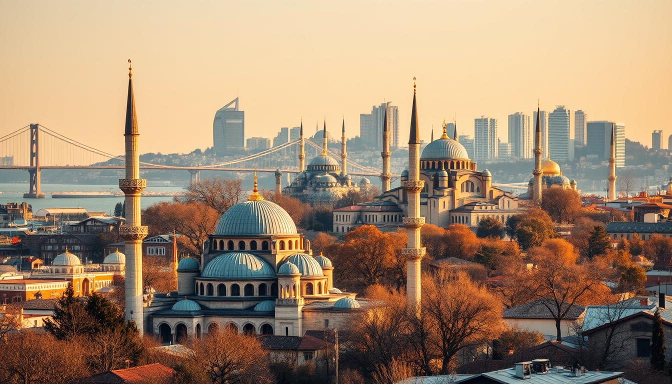 A grand cityscape of Turkey's architectural masterpieces, bathed in warm, golden light. In the foreground, the iconic domes and minarets of the Blue Mosque stand tall, their intricate details captured in striking clarity. The middle ground showcases the historic Hagia Sophia, its massive stone facade and Byzantine grandeur commanding attention. Further back, the Bosphorus Bridge and the skyscrapers of modern Istanbul rise up, creating a harmonious blend of old and new. The scene exudes a sense of timeless elegance and cultural richness, as if welcoming visitors to explore the wonders of Turkey. Brought to you by https://www.rihalalarabi.com/, your ultimate travel guide to the best destinations in Turkey.