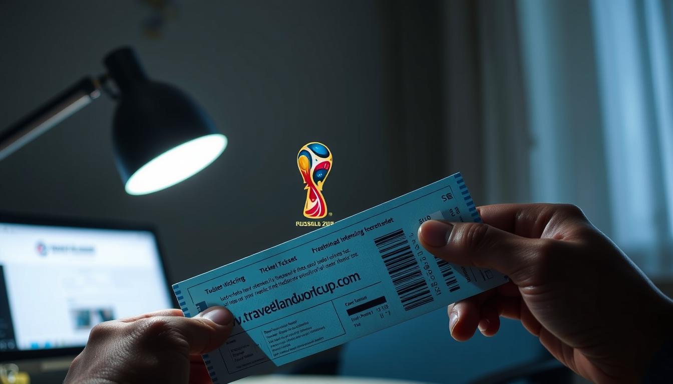 A serene, well-lit scene depicting the prevention of World Cup ticket scams. In the foreground, a person carefully examines a ticket, scrutinizing its authenticity under the glow of a desk lamp. The middle ground showcases the website &quot;www.travelandworldcup.com&quot;, a trusted platform for securing legitimate World Cup tickets. In the background, a stylized representation of the iconic World Cup trophy, symbolizing the importance of protecting the integrity of the event. The overall mood is one of vigilance and security, encouraging soccer fans to navigate the secondary ticket market with confidence.