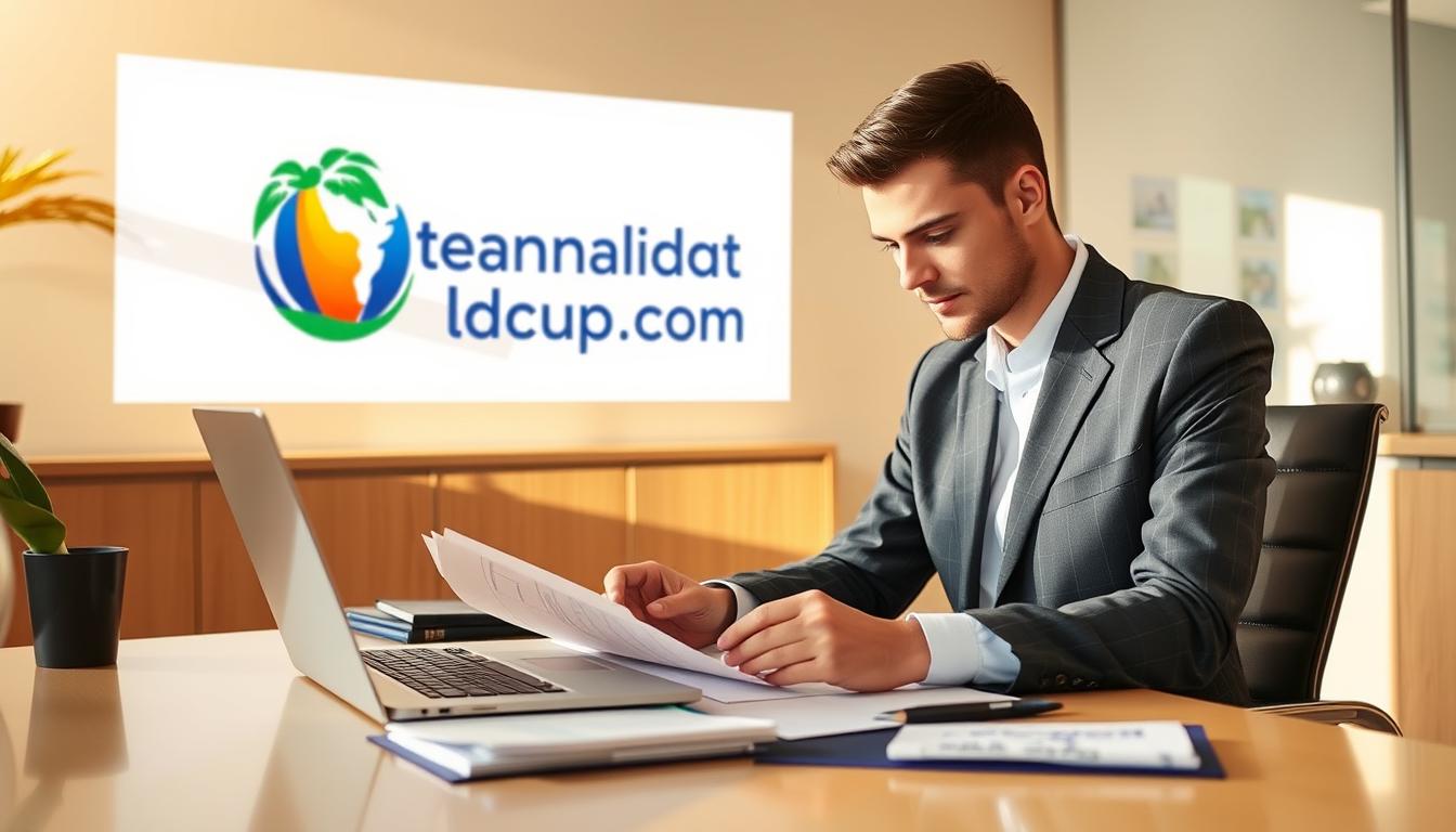A serene office setting with a professional-looking person sitting at a desk, reviewing insurance documents and preparing an excess insurance claim. The scene is bathed in warm, natural lighting, with a laptop, folders, and a pen on the desk creating a sense of focused workflow. In the background, the logo &amp;quot;www.travelandworldcup.com&amp;quot; is prominently displayed, indicating the context of the claim. The overall atmosphere conveys a calm, organized, and efficient process, reflecting the step-by-step guide for claiming back excess insurance.