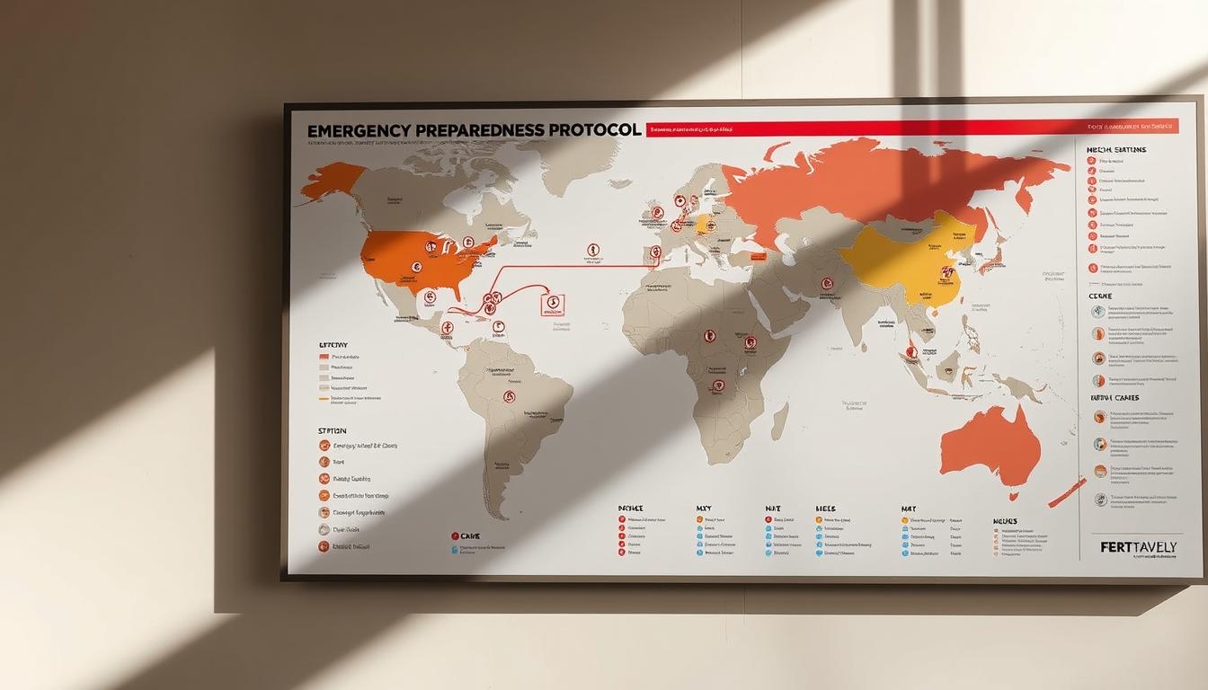 Detailed emergency preparedness protocol displayed on a large wall map. Prominent icons and color-coded zones denote various contingency plans - evacuation routes, medical stations, supply caches, and communication hubs. Bright, directional lighting illuminates the scene, casting dramatic shadows. Sleek, modern visualization with crisp fonts and clean infographic elements. www.travelandworldcup.com