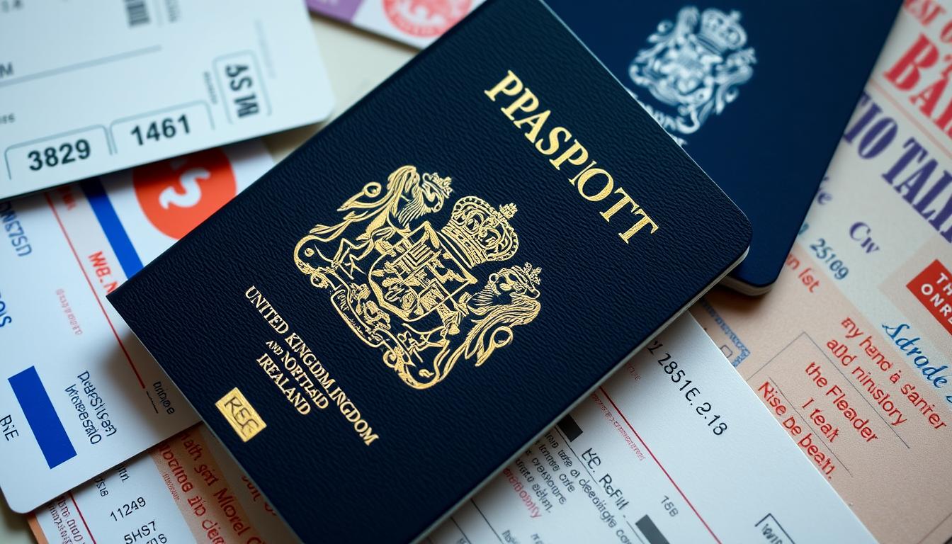 Understanding Visa Requirements for the United Kingdom 4 UK passport requirements - a detailed close-up view of a UK passport, shot with a high-resolution lens in soft, diffused natural lighting. The passport is centered, with its cover prominently displayed, showcasing the iconic royal coat of arms and the words "UNITED KINGDOM OF GREAT BRITAIN AND NORTHERN IRELAND" in foil-stamped gold lettering. The passport is surrounded by related travel documents such as boarding passes, visa stamps, and other identification papers, all arranged neatly and evenly around it, conveying a sense of organization and attention to detail. The overall mood is professional and authoritative, reflecting the importance of these essential travel documents. www.travelandworldcup.com