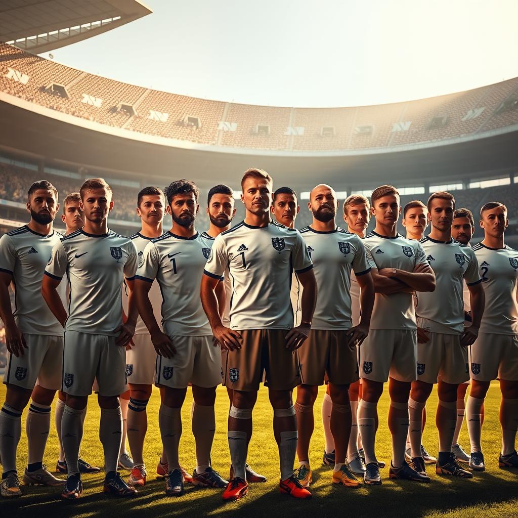 A dynamic group portrait of England's World Cup squad, captured in a dramatic, cinematic style. The players stand shoulder-to-shoulder, their faces resolute, their uniforms gleaming under warm, golden lighting. In the foreground, the team's key stars - the playmakers, the goal scorers, the defensive stalwarts - are highlighted, their expressions intense, their bodies poised for action. The middle ground features the supporting cast, their camaraderie palpable as they stand united. The background offers a glimpse of the stadium's grandeur, the towering stands casting long shadows that convey a sense of anticipation and destiny. The overall atmosphere is one of unwavering determination, as England's squad prepares to take the world stage and cement their status as a force to be reckoned with.