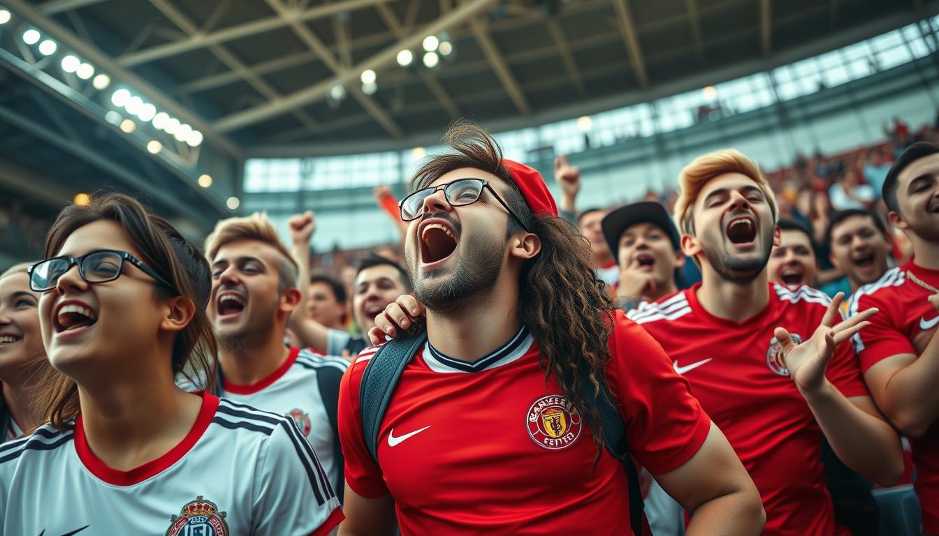 a group of enthusiastic european soccer fans dressed in their team's colors and jerseys, singing and cheering with excitement, standing in a lively stadium or outdoor venue with a dynamic atmosphere, captured with a wide-angle lens and natural lighting to showcase the energy and passion of the crowd, creating a sense of immersion and camaraderie among the supporters