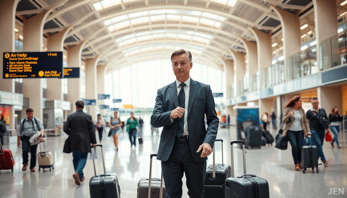 A bustling airport terminal with travelers rushing through, their suitcases in tow. In the foreground, a well-dressed man stands, looking concerned as he gestures to a staff member of AirHelp, a service representative guiding him through the process of resolving a travel issue. The middle ground features other travelers seeking assistance, while the background showcases the grand architectural design of the terminal, with high ceilings and ample natural light filtering in. The scene conveys a sense of calm amidst the chaos, with the AirHelp staff providing a reassuring presence to help travelers overcome their travel challenges.