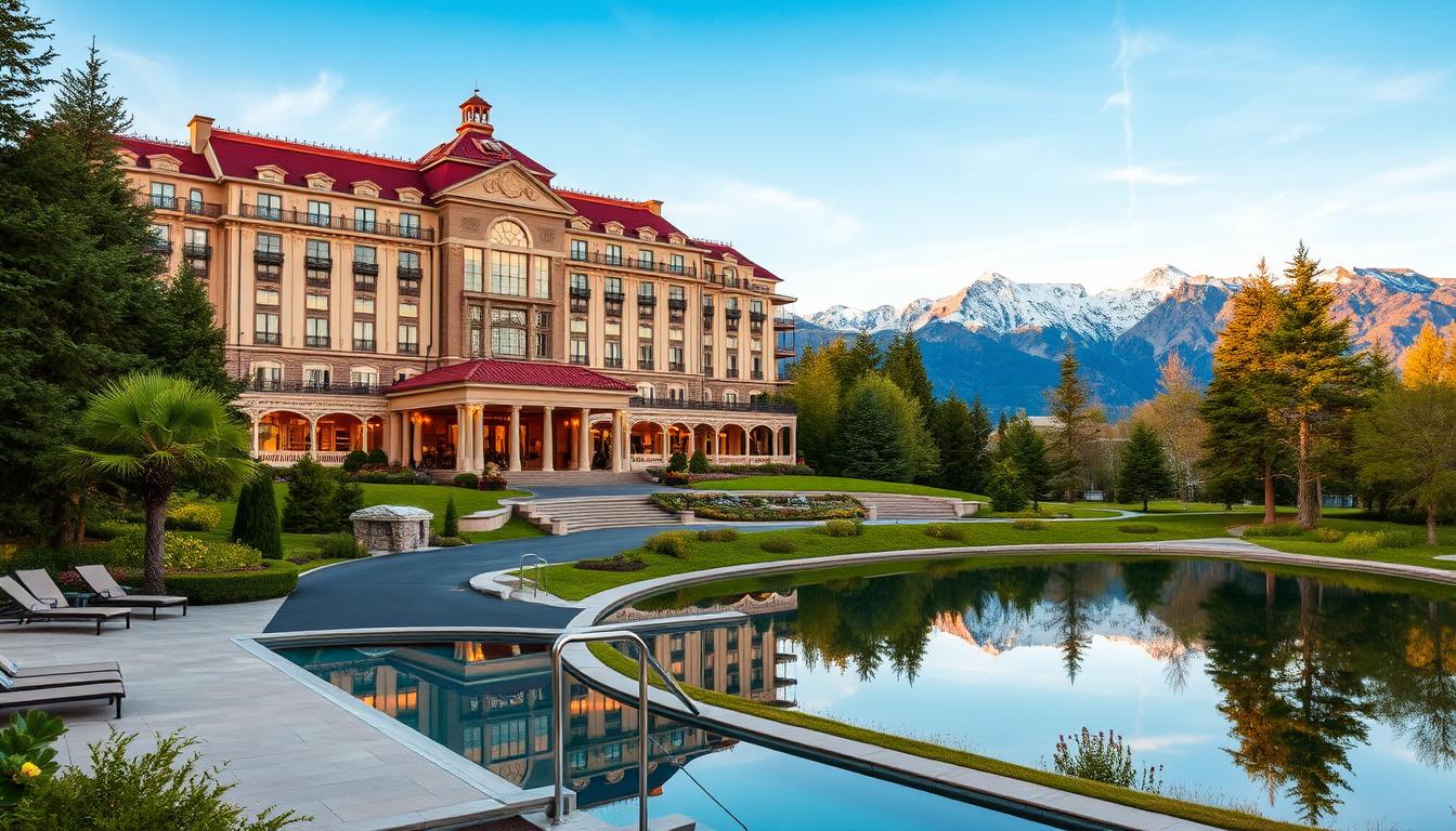 a luxurious and serene park hyatt resort situated in a picturesque natural setting, with a grand entrance featuring a sweeping driveway and ornate architecture. the foreground showcases a tranquil outdoor pool area with lounge chairs and lush greenery, creating a peaceful ambiance. the middle ground features the hotel's elegant facade, highlighted by warm lighting and reflecting in the still waters of a nearby pond. the background depicts a breathtaking mountain landscape, with snow-capped peaks and a vibrant blue sky. the overall scene conveys a sense of refined sophistication, exclusivity, and a luxurious retreat from the outside world.