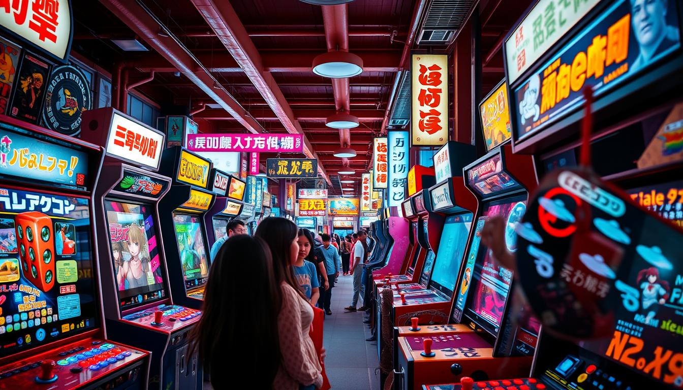 A vibrant, bustling Japanese arcade, filled with the flashing lights and energetic sounds of classic video games. In the foreground, a group of players intently focused on the brightly colored, high-resolution displays, hands dancing across the responsive buttons and joysticks. The middle ground reveals a diverse array of iconic game cabinets, from retro pixel-art favorites to the latest cutting-edge virtual reality rigs. In the background, the warm, neon-drenched atmosphere creates a sense of immersion, transporting the viewer to the heart of Japan's thriving gaming culture. Crisp, detailed lighting illuminates the scene, capturing the excitement and wonder of experiencing the unique sights and sounds of Japanese gaming.