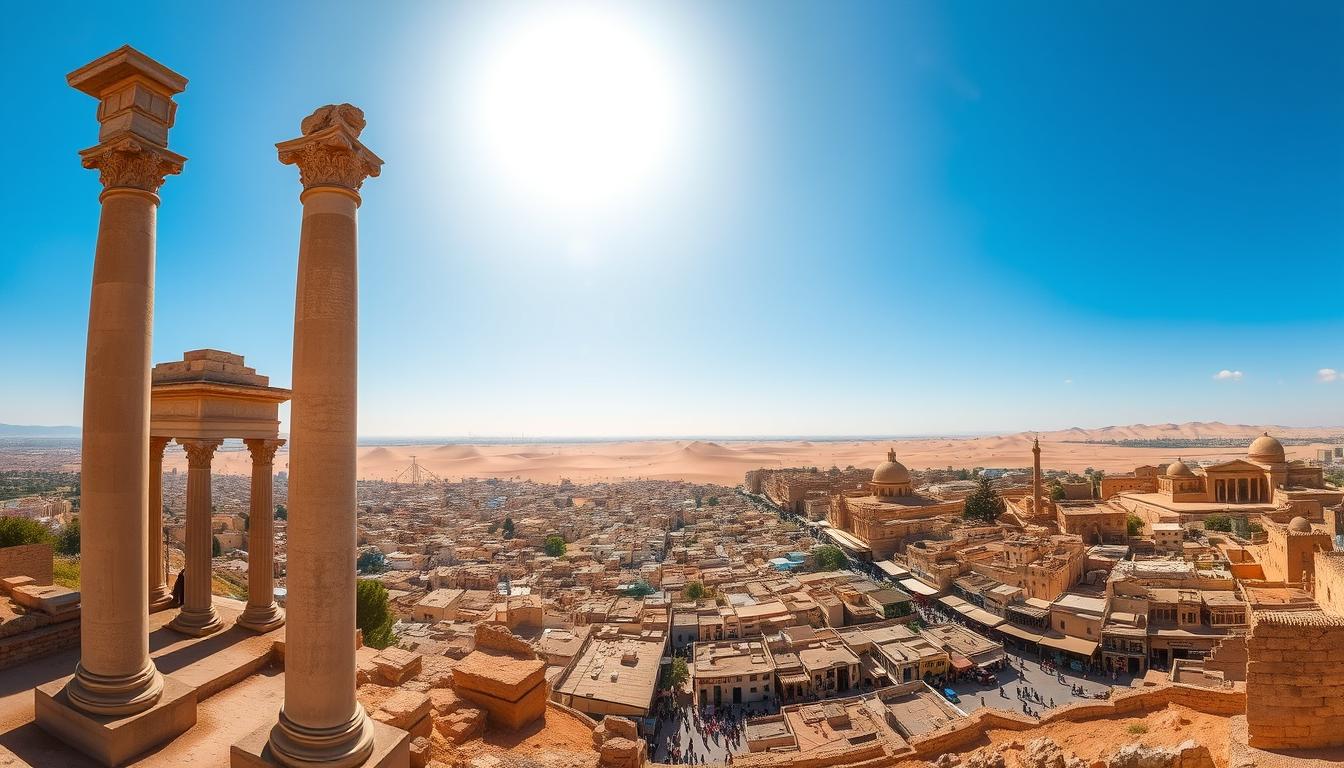 A majestic panoramic view of the ancient ruins and historic landmarks that make up the UNESCO World Heritage site of Tunisia. In the foreground, towering columns and ornate archways from the Roman era stand tall, their weathered stones casting long shadows across the sun-drenched landscape. In the middle ground, a sprawling medina with its labyrinthine alleyways and vibrant markets, bustling with local life. In the background, the iconic silhouette of the Sahara desert, its rolling dunes fading into the horizon under a brilliant azure sky. Capture the timeless grandeur and cultural richness that define Tunisia's most celebrated tourist attractions.