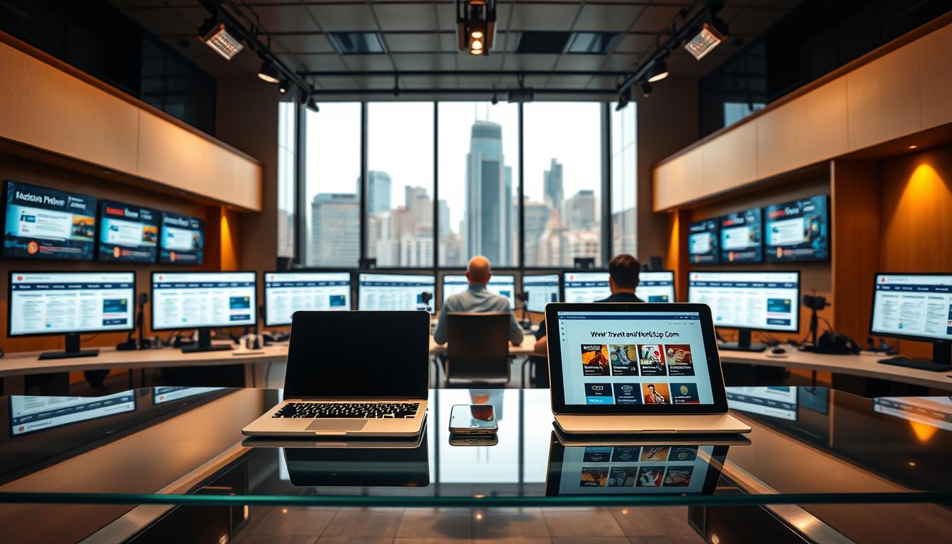 A modern, minimalist newsroom setting with rows of computer screens displaying various price comparison websites. In the foreground, a sleek glass table with a laptop, smartphone, and tablet showcasing the www.travelandworldcup.com website. Warm, directional lighting illuminates the scene, creating a professional and informative atmosphere. The middle ground features journalists and analysts intently studying price data, while the background showcases a cityscape view through floor-to-ceiling windows, hinting at the global scale of the price comparison industry.