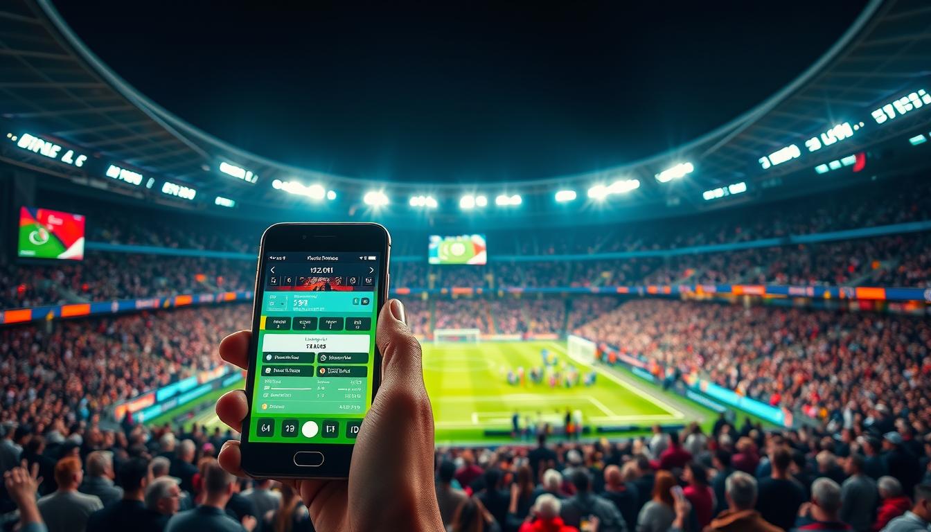 A bustling football stadium at night, lit by vibrant LED screens and floodlights. In the foreground, a smartphone in hand, its screen displaying the live match scores and stats, with real-time updates. The middle ground features a crowd of enthusiastic fans, their faces aglow with the warm hues of the mobile experience. In the background, a panoramic view of the stadium's towering architecture and the energy of the World Cup atmosphere. The overall scene conveys a sense of immersion, seamless connectivity, and the thrill of the global sporting event, all through the lens of a powerful, reliable mobile app.