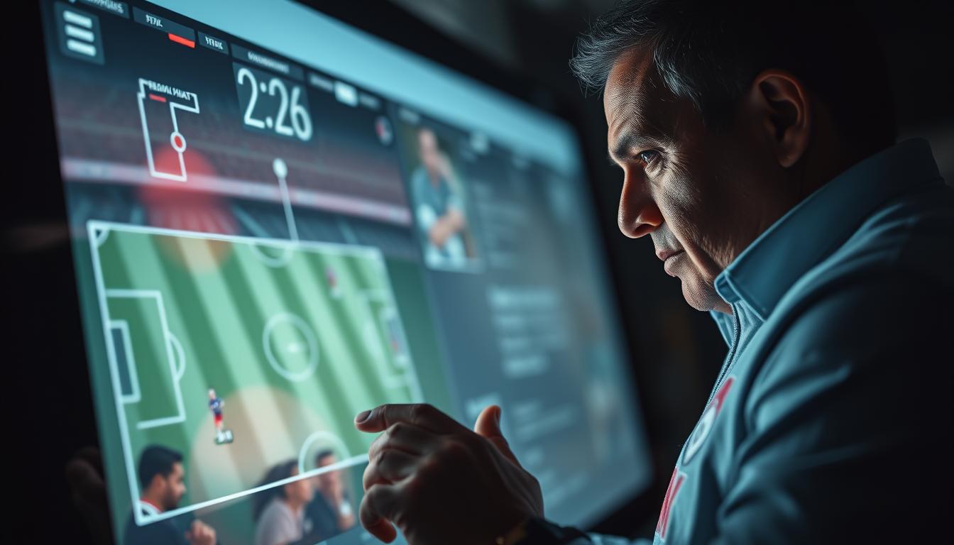 A high-angle, close-up view of Reinaldo Rueda, the head coach of the Honduras national football team, intently analyzing tactics on a large digital touchscreen display. The lighting is dramatic, with strong shadows accentuating the coach's pensive expression as he scrutinizes the tactical formations and player movements shown on the screen. The background is blurred, placing the focus entirely on Rueda's intense concentration and the strategic game plan unfolding before him. The overall mood is one of determination and strategic prowess, befitting a coach guiding his team to the 2026 World Cup.