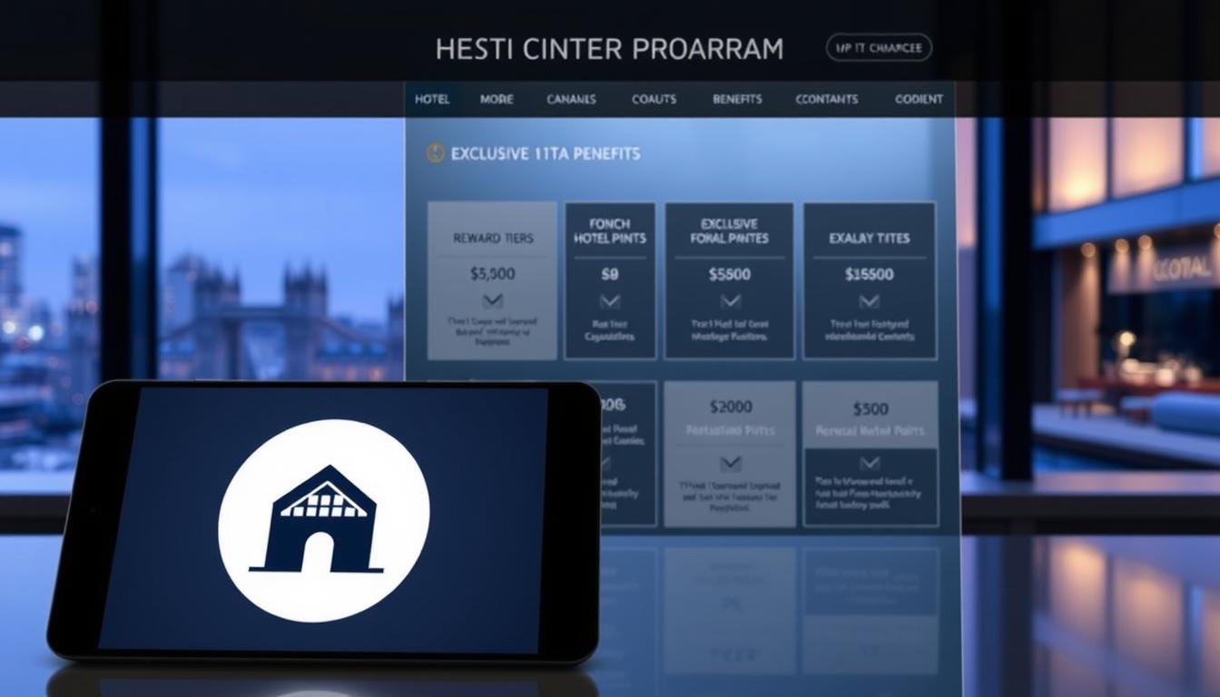 A sophisticated hotel loyalty program is prominently displayed, showcasing a sleek and modern interface. In the foreground, a stylized hotel icon or logo is presented against a minimalist background, drawing the viewer's attention. The middle ground features an array of reward tiers, loyalty points, and exclusive benefits, all arranged in a clean, visually appealing layout. The background subtly depicts a cityscape or hotel exterior, hinting at the luxury and prestige associated with the program. The overall scene conveys a sense of exclusivity, high-end hospitality, and a seamless digital experience for the discerning traveler.