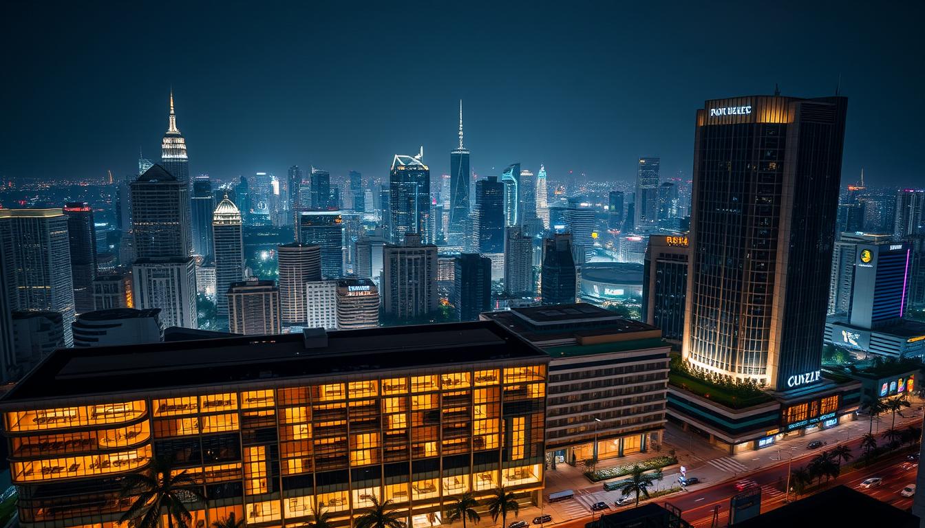 A sprawling metropolis at night, with towering skyscrapers and bustling streets. In the foreground, a row of modern, well-appointed hotels with sleek glass facades and inviting lobbies. The hotels are arranged in a grid, each one representing a different region hosting the upcoming World Cup. Soft, warm lighting emanates from the windows, creating a welcoming atmosphere. In the background, a panoramic view of the city skyline, with iconic landmarks and neon signs adding to the vibrant, cosmopolitan feel. The scene is captured through a cinematic, wide-angle lens, conveying a sense of scale and grandeur befitting the global sporting event.