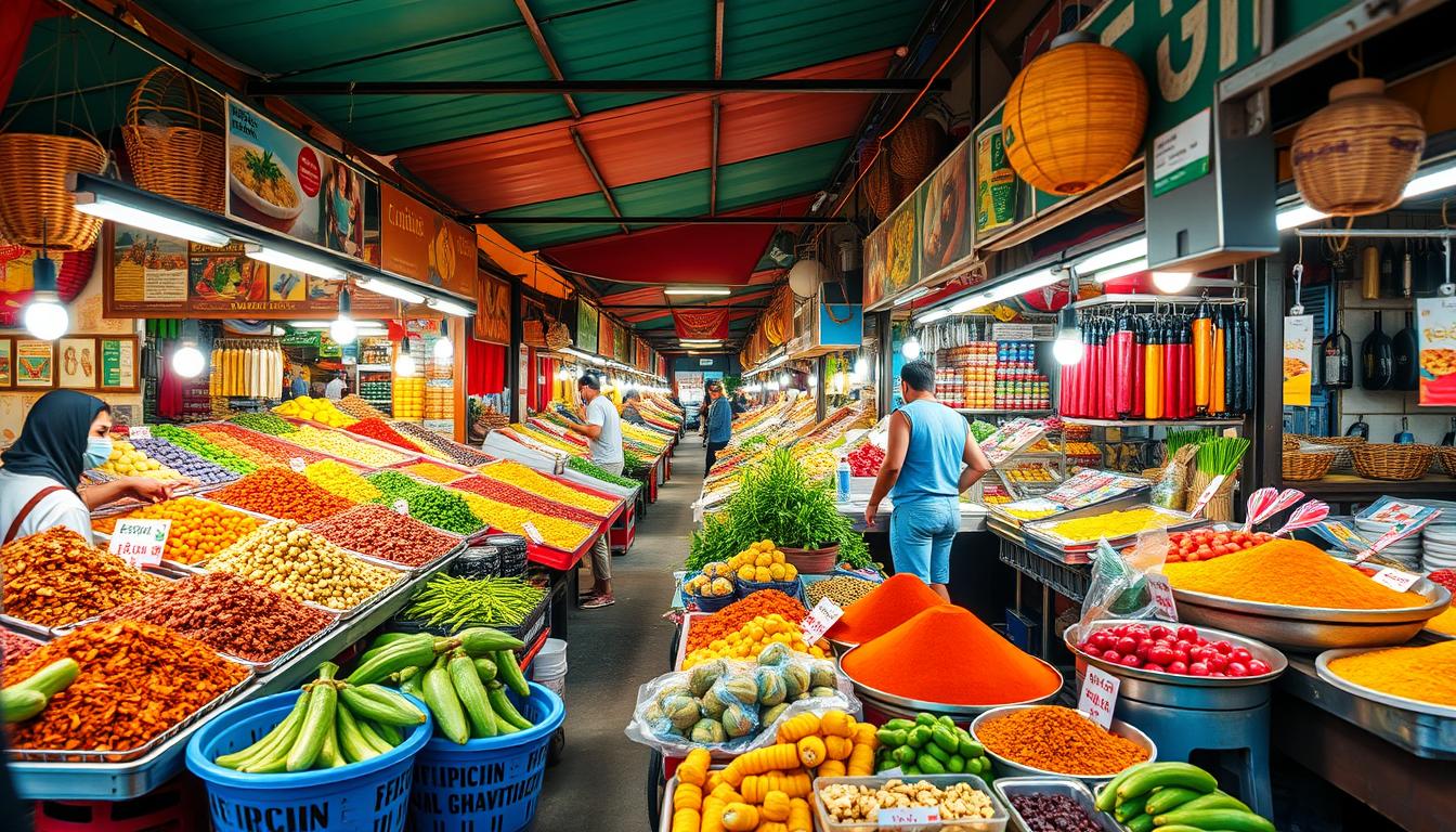 Generate an image of a bustling food market with diverse vendors.
